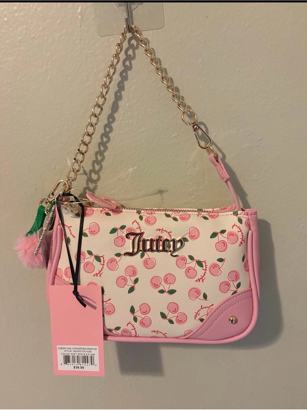 Juicy Couture Pink Cherry Print Chain Wristlet/ shoulder bag